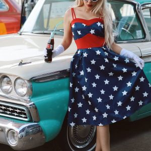 Navy Blue 1950s Stars Spaghetti Strap Dress