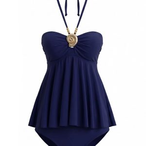 Navy Blue 1980s Solid Metallic Embellished Swimsuit