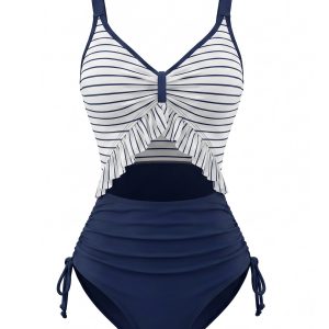 Navy Blue 1980s Nautical Striped Ruffle Drawstring One Piece Swimsuit