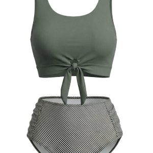 Olive Green 1940s Tie Front High-Waist Tankini Set