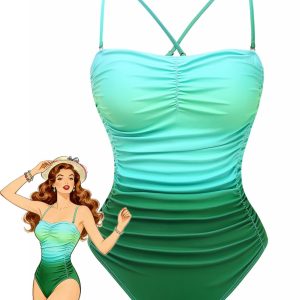 Ombre Green 1930s Ruched One-Piece Swimsuit