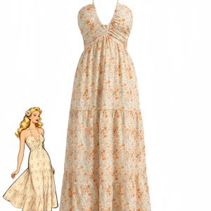 Orange 1940s Floral Halter Vacation Dress