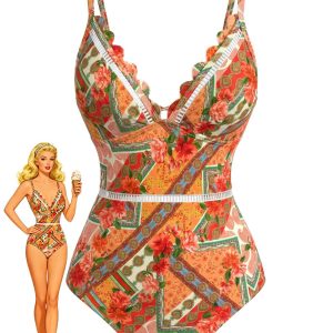 Orange 1940s Floral Hollow Patchwork Swimsuit