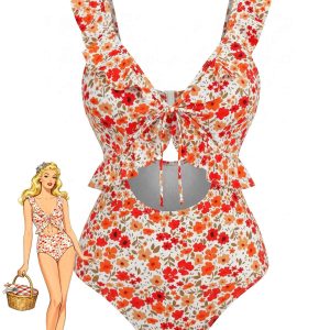 Orange 1940s Floral Ruffled Cutout One-Piece Swimsuit
