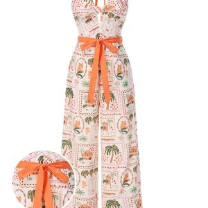 Orange 1950s Beach Stamps Twisted Jumpsuit