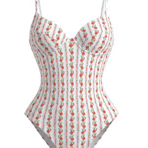 Orange 1950s Ditsy Floral Spaghetti Strap One-Piece Swimsuit