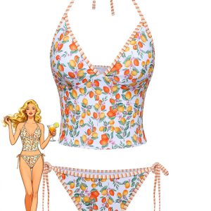 Orange 1950s Lemon Print Halter Tankini Set