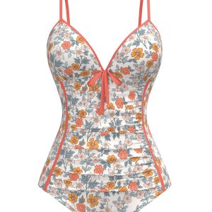 Orange 1960s Daisy Lace-Up One-Piece Swimsuit