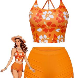 Orange 1960s Floral Backless Bikini Set