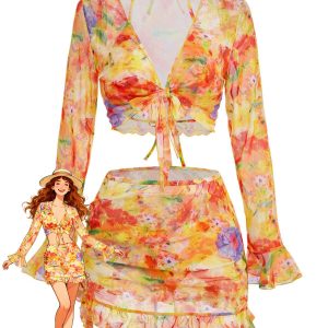4PCS Orange 1960s Halter Floral Bikini & Mesh Cover-Up Set
