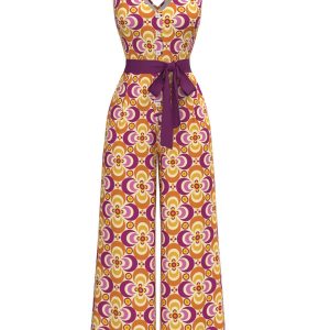 Orange 1960s V-Neck Belted Floral Printed Jumpsuit