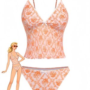 Orange 1970s Deep V-Neck Floral Print Tankini Set