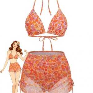 Orange 1970s Floral Halter Bikini Set & Cover-Up