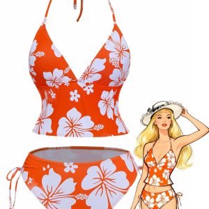Orange 1970s Tropical Floral Halter Tie-Side Tankini Set