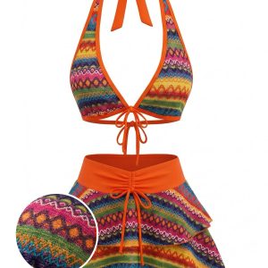 Orange 1980s Boho Irregular Bikini Set & Cover-Up