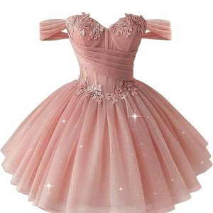 [Pre-Sale] Pink 1950s Floral Off-Shoulder Glitter Tulle Prom Dress