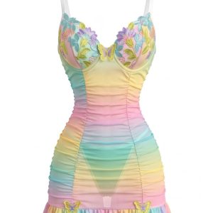 Pastel Rainbow 1960s 3D Floral Butterfly Mesh Nightdress