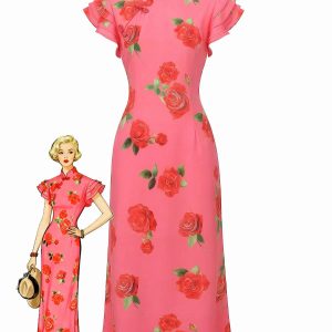 Pink 1930s Rose Ruffle-Sleeve High-Neck Maxi Dress