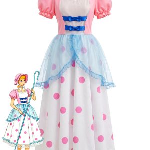 Pink 1940s Bo Peep Cosplay Puff Polka Dot Dress