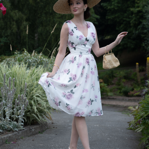 Pink 1940s Deep V-Neck Chiffon Rose Dress