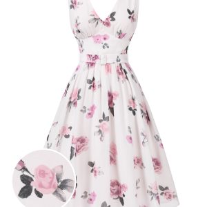 Pink 1940s Deep V-Neck Chiffon Rose Dress