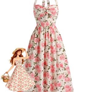 Pink 1940s Floral Halter High Waist Dress
