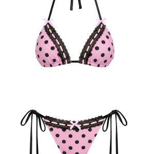 Pink 1940s Polka Dot Lace Bikini Set