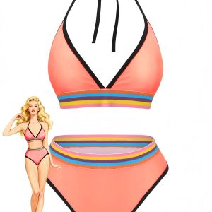Pink 1940s Rainbow Striped Triangle Bikini Set