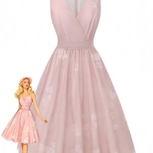Pink 1940s V-Neck Floral Belted Sleeveless Dress