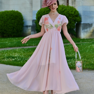 Pink 1940s V-Neck Ruffle Sleeve Floral Print Dress