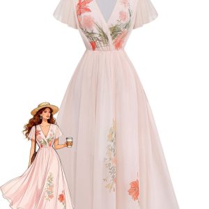 Pink 1940s V-Neck Ruffle Sleeve Floral Print Dress