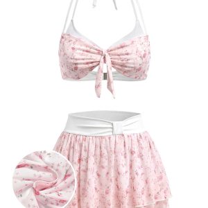 [Pre-Sale] Pink 1950s Ditsy Floral Ruffle Halter Chiffon Bikini Set