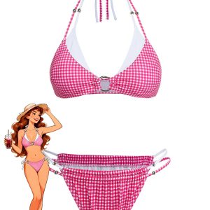 Pink 1950s Gingham Halter Double Layer Bikini Set