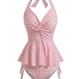 [Pre-Sale] Pink 1950s Gingham Halter Ruffled Tankini Set