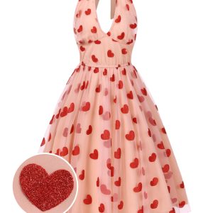 Pink 1950s Halter Heart Mesh Dress