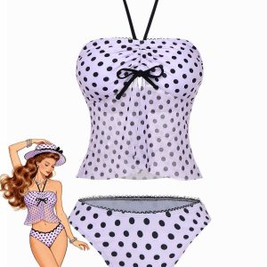 Pink 1950s Halter Polka Dot Bow Tankini Set