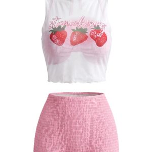 [Pre-Sale] Pink 1950s Halter Smocked Bikini Set & Strawberry Cover Top