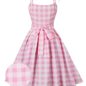 Pink 1950s Spaghetti Strap Plaid Swing Dress