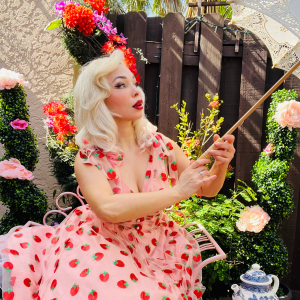 Pink 1950s Strawberry Mesh Swing Dress