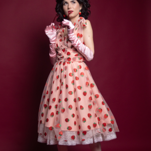 Pink 1950s Strawberry Mesh Swing Dress