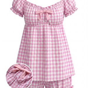 Pink 1960s Bow Gingham Ruffle Pajama Set