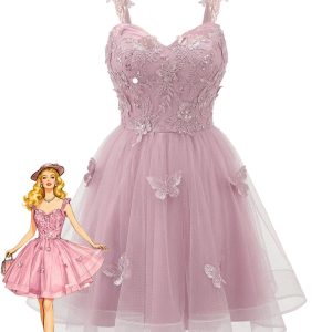 Pink 1960s Butterfly Tulle Glitter Homecoming Mini Dress