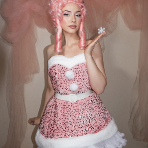 Pink 1960s Christmas Fur Sequin Strapless Dress