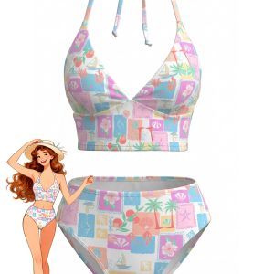 Pink 1960s Floral Plaid V-Neck Halter Bikini Set