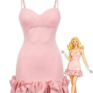 Pink 1960s Spaghetti Strap Ruffle Hem Dress