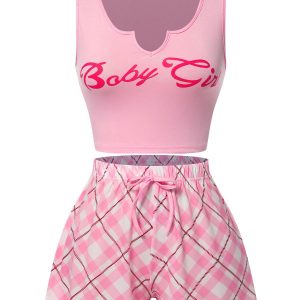 Pink 1970s Baby Girl Tank Top & Plaid Shorts Pajamas