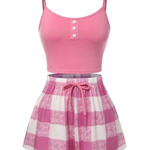 Pink 1970s Camisole Top & Plaid Shorts Pajamas