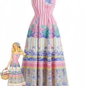 Pink 1970s Tropical Print Spaghetti Straps Maxi Dress