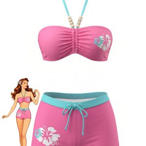 Pink 1980s Floral Print Halter Ruched Front Bikini Set