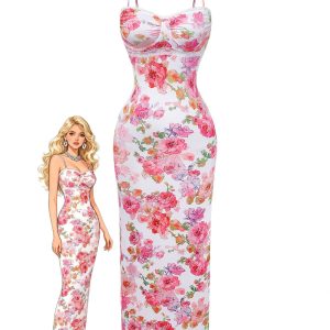Pink 1980s Floral Print Slip Bodycon Maxi Dress